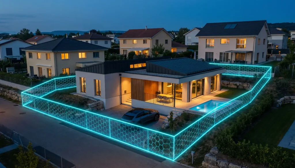 Cyber Gardien : bulle de détection holographique autour d'une maison avec caméra de surveillance intelligente