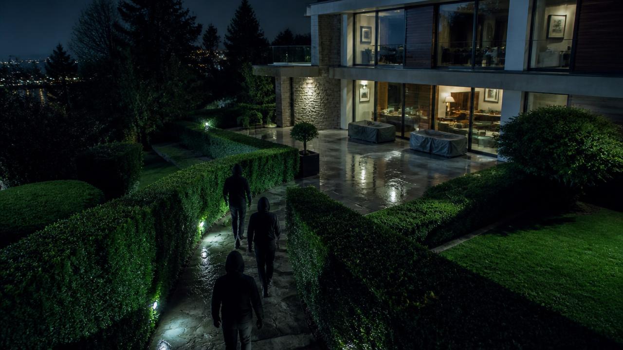 Home-jacking : trois individus encapuchonnés progressant de nuit vers une villa protégée par caméra de surveillance intelligente